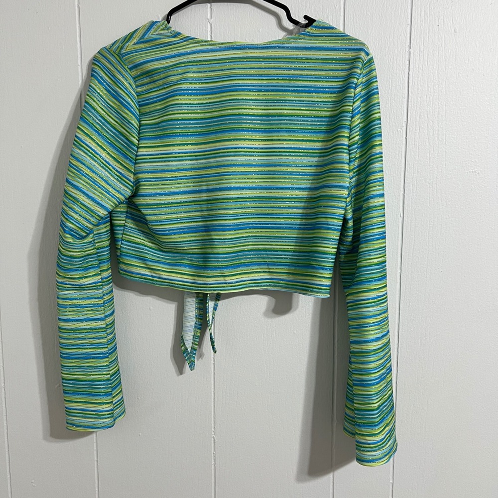 Vintage 90s No Boundaries M Tie Front Crop Top Long Sleeve Striped Sparkle Y2K - Picture 7 of 7